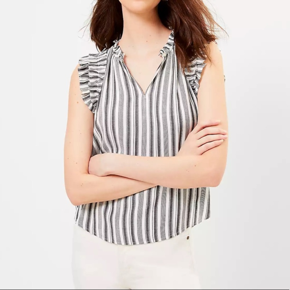 LOFT Striped Ruffle Split Neck Shell Size M - Picture 1 of 11